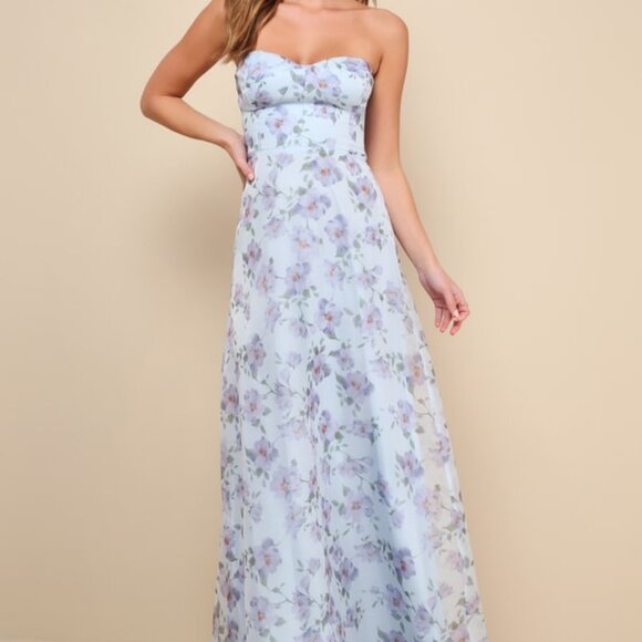 Lulus Chic Preciousness Light Blue Floral Organza Bustier Maxi Dress - Size M - Picture 1 of 1